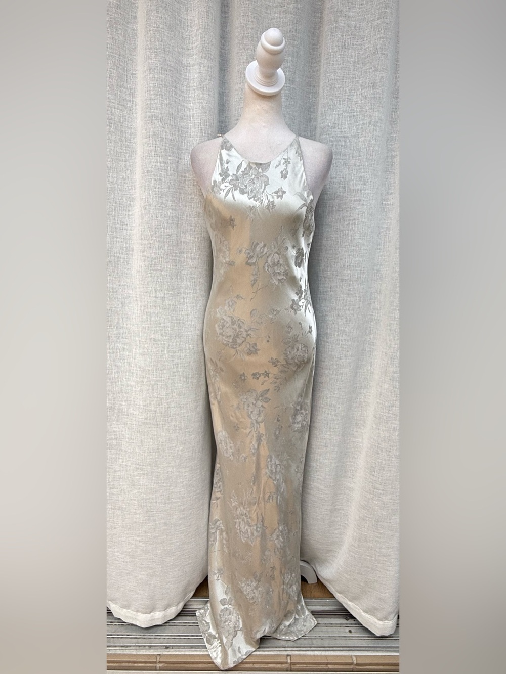 Hampton Nites silver brocade satin floral maxi bias sleeveless dress